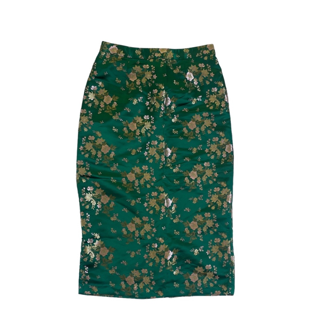 Anthropologie Emerald Green Pencil Skirt With Ornamental Gold Floral Design ✨
